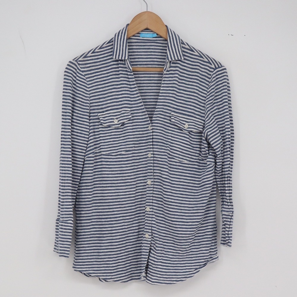 J.McLaughlin Linen Top Womens M Blue Striped Button Down Long Sleeve Excellent